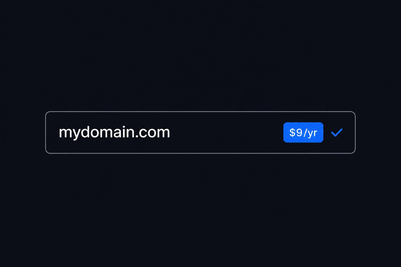 Browser address bar showing mydomain.com with a $9 per year price tag and checkmark